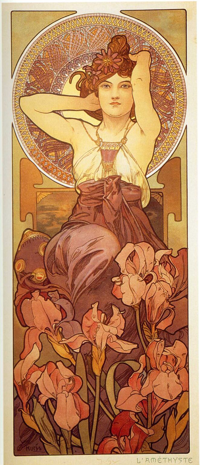 Tall Art Nouveau panel by Alphonse Mucha showing a seated woman with arms raised behind her head, wearing a violet sash and jeweled bodice, framed by a circular lace-like mandala; a dense bed of pink-purple irises fills the foreground; warm violets, mauves, and golds create a calm, jewel-like atmosphere; the inscription “L’AMÉTHYSTE” appears at the bottom.