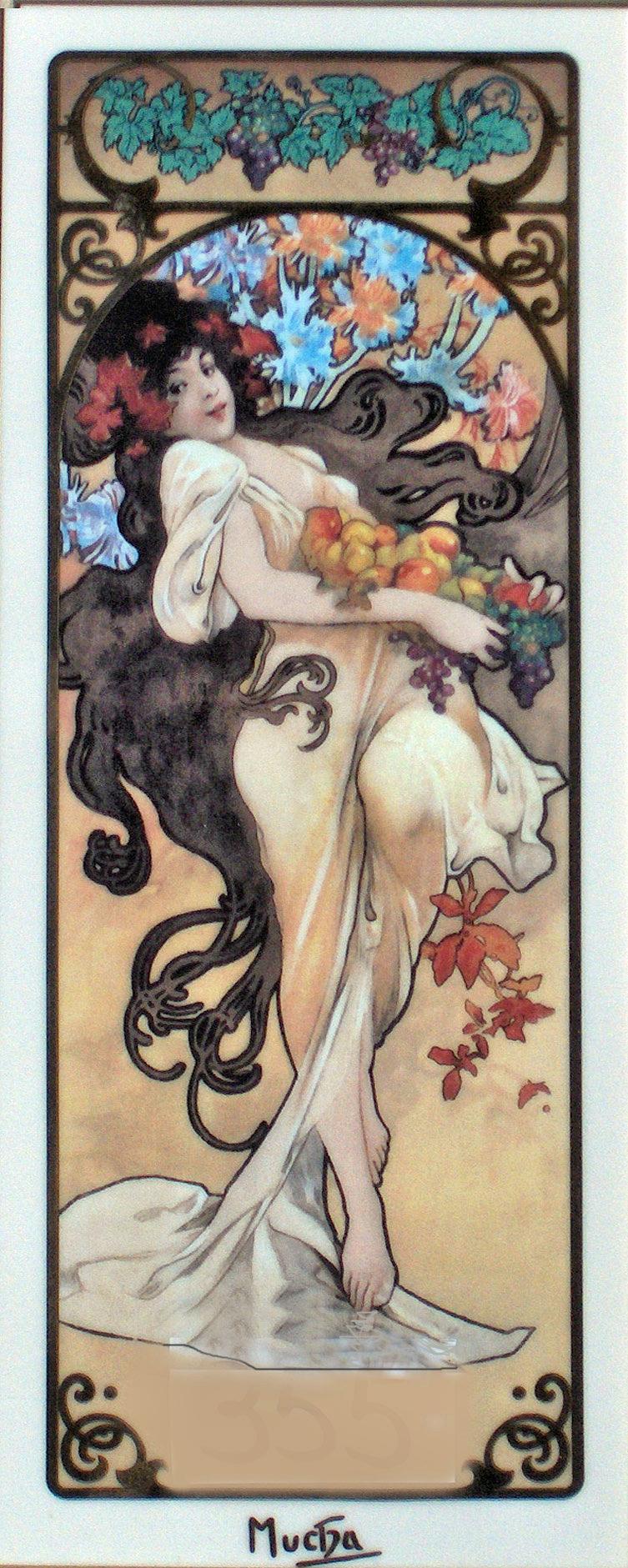 Tall Art Nouveau panel by Alphonse Mucha showing a dark-haired woman in pale drapery holding grapes and fruit, framed by a grape-leaf frieze and floral backdrop. Her hair curls in whiplash lines; a decorative border surrounds the scene. Warm beige ground with violet and green accents, 1897.