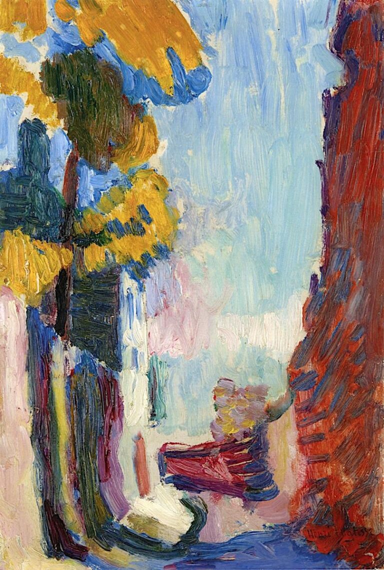 Vertical landscape with a yellow-gold tree and dark green trunk on the left, a tall brick-red wall on the right, and a pale blue sky opening in the center; thick, visible brushstrokes of blue, pink, and white describe a path and low buildings below.