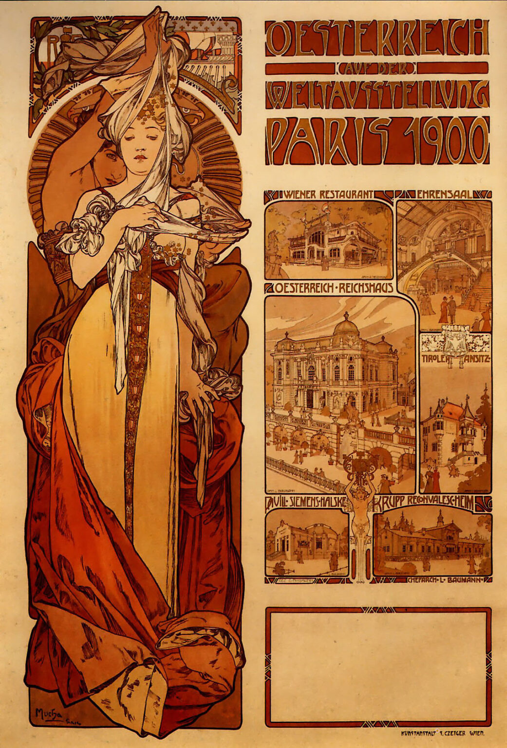 Large Art Nouveau poster by Alphonse Mucha promoting Austria at the 1900 Paris Exposition, showing a tall allegorical woman lifting a veil within an arched niche on the left, a stacked column of sepia architectural views and a bold headline on the right, warm terracotta and cream palette, with a blank panel for event details at the bottom.