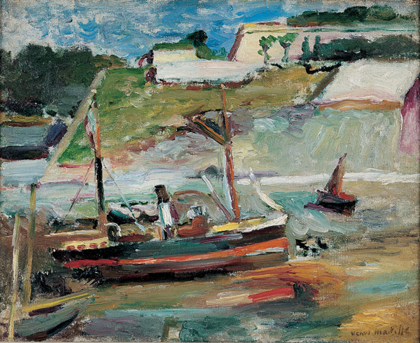 A lively harbor scene with boats resting at low tide before a sloping green hillside and pale cliffs under a streaked blue sky, painted with thick, visible brushstrokes in earthy reds, greens, and blues.