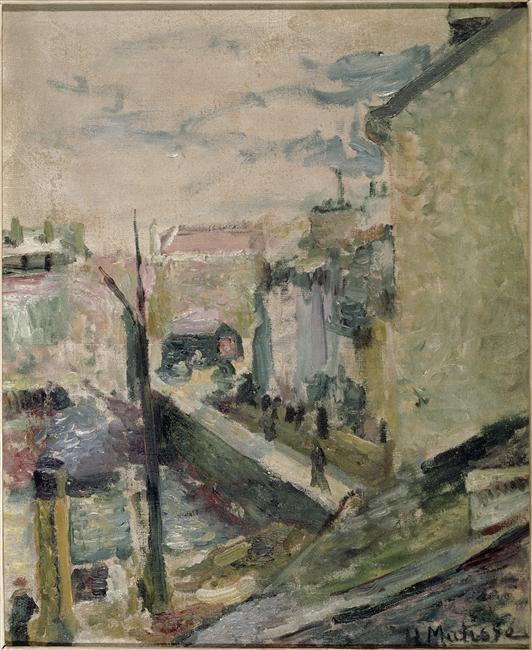 Early coastal cityscape by Henri Matisse showing a high view over a canal toward an arched bridge, with small figures on a quay, pale sky, and loose, cool brushwork in grays, greens, and blues suggesting Belle-Île’s breezy light.