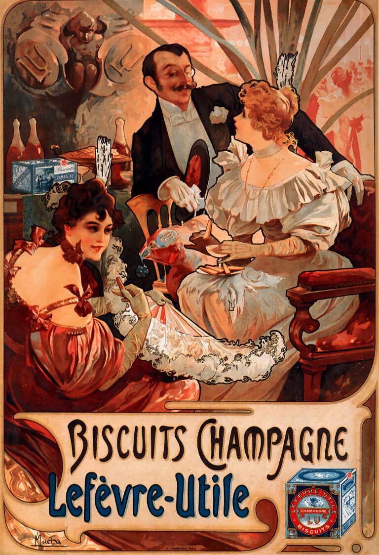 Art Nouveau poster by Alphonse Mucha showing a Belle Époque salon: two elegantly dressed women and a man converse around a table with a plate of champagne biscuits. Warm champagne colors, flowing lines, feathers, and a lace fan create a luxurious atmosphere. Brand name “Biscuits Champagne Lefèvre-Utile” appears in curved lettering, with LU packaging illustrated at the lower corners. 1896 lithograph.