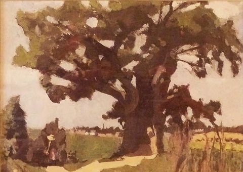 Large storm-damaged oak dominating a low Picardy landscape, with a pale path curving toward the dark trunk, small figure at left near low buildings, flat fields of green and ochre under a milky sky; broad, simplified brushstrokes create a strong silhouette and quiet rural mood.