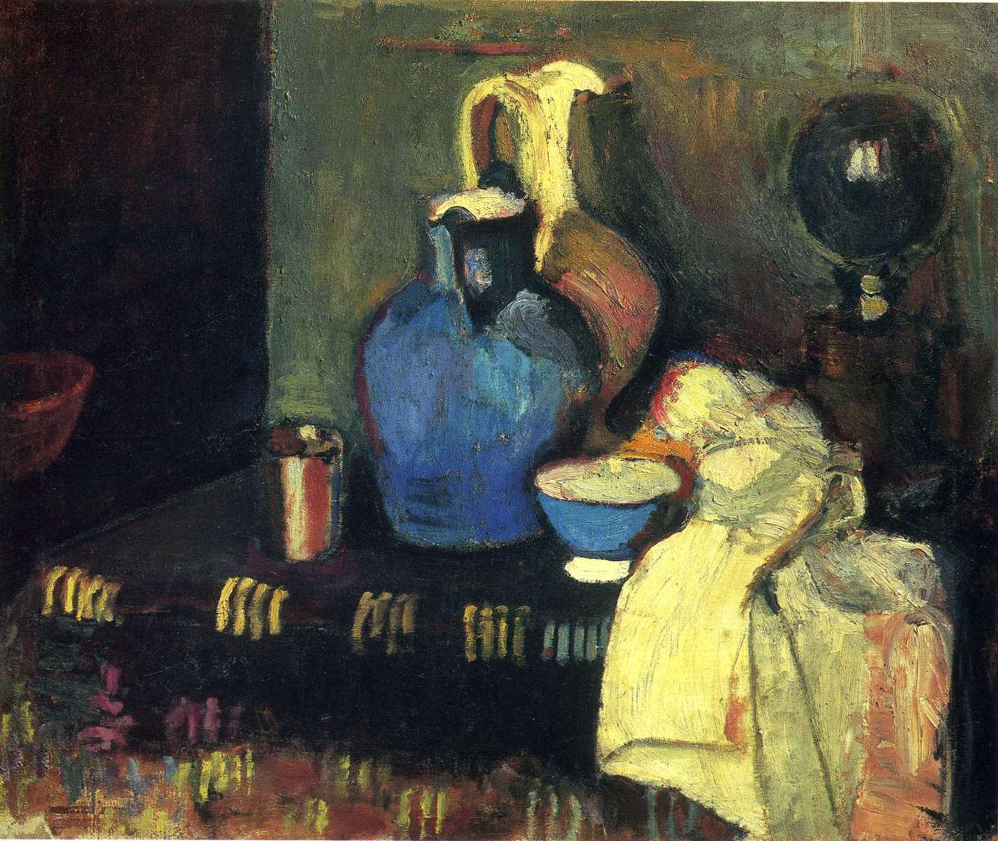 Dark tabletop still life with a large cobalt-blue jug beside a tall pale pitcher, a small blue bowl nestled in creamy folded linen, a metal cup, and a dark wall sphere; yellow fringe along the table’s edge and deep green-brown background unify the scene in bold, textured strokes.