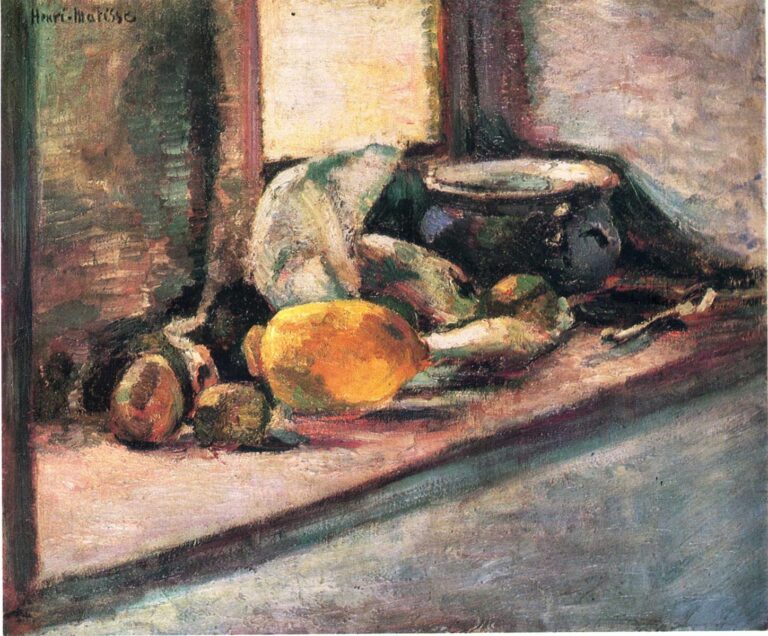 A close still life on a slanted tabletop shows a dark blue lidded pot set back near a wall, a bright yellow lemon and several onions or small fruits in front, and a pale, scumbled background; strokes are broad and textured, edges arise where warm tabletop tones meet cool shadows, and the overall atmosphere is a calm indoor light.