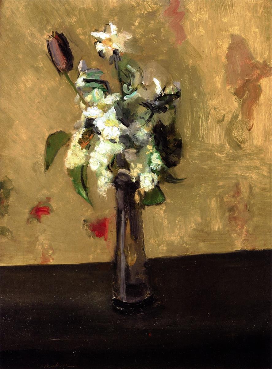 Still life of white flowers in a slender crystal vase centered on a deep black tabletop before a scumbled yellow-olive wall with faint red accents; petals painted in creamy dabs, leaves in flexible strokes, and minimal highlights describe the glass.