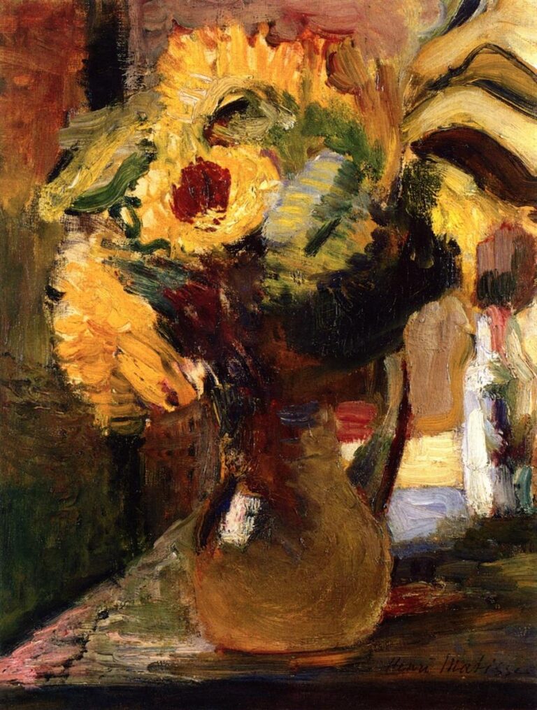 A close, energetic still life of sunflowers in a brown jug; broad, thick strokes build bright yellow petals around dark red centers, leaves fall in green sweeps, and a dark, reddish-violet background contrasts with the glowing bouquet while reflections flicker on the vase.