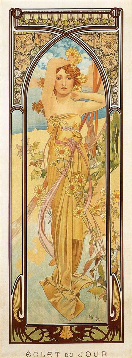 Tall Art Nouveau panel by Alphonse Mucha showing a woman in a golden dress standing inside a pointed arch, arms raised to arrange her hair, with daisies around her waist and trailing ribbons; pale sky and water in the background, ivy and decorative motifs framing the scene, and the inscription “ÉCLAT du JOUR” at the bottom.