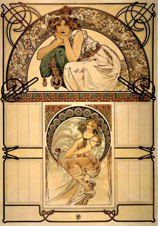 Art Nouveau calendar design by Alphonse Mucha with a large arched panel of a crouching woman among leaves at the top, a central circular medallion of a seated nymph holding a pink blossom, a band of cherries between them, and four blank rectangular fields for months around the medallion, all framed by looping ornamental borders, 1898.