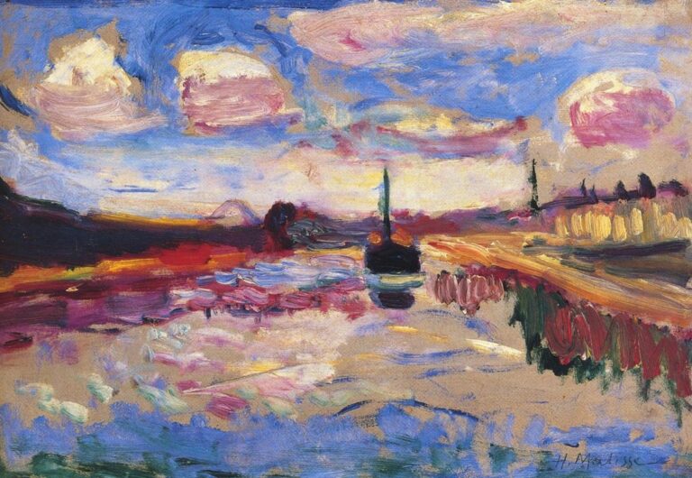 Vivid landscape of the Canal du Midi with a bright blue sky and pink clouds, a dark boat at center, golden towpath and trees on the right, and rippling reflections of red, blue, and lilac across the water, painted in thick, expressive brushstrokes.