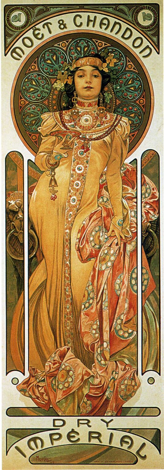 Tall Art Nouveau poster by Alphonse Mucha for Moët & Chandon showing a stately woman in a gold gown and patterned coral scarf holding a shallow champagne glass, crowned by a large circular halo of green and gold roundels; curved “MOËT & CHANDON” lettering above and “DRY IMPÉRIAL” below, with rich decorative details in warm golds, greens, and rose tones, 1899.