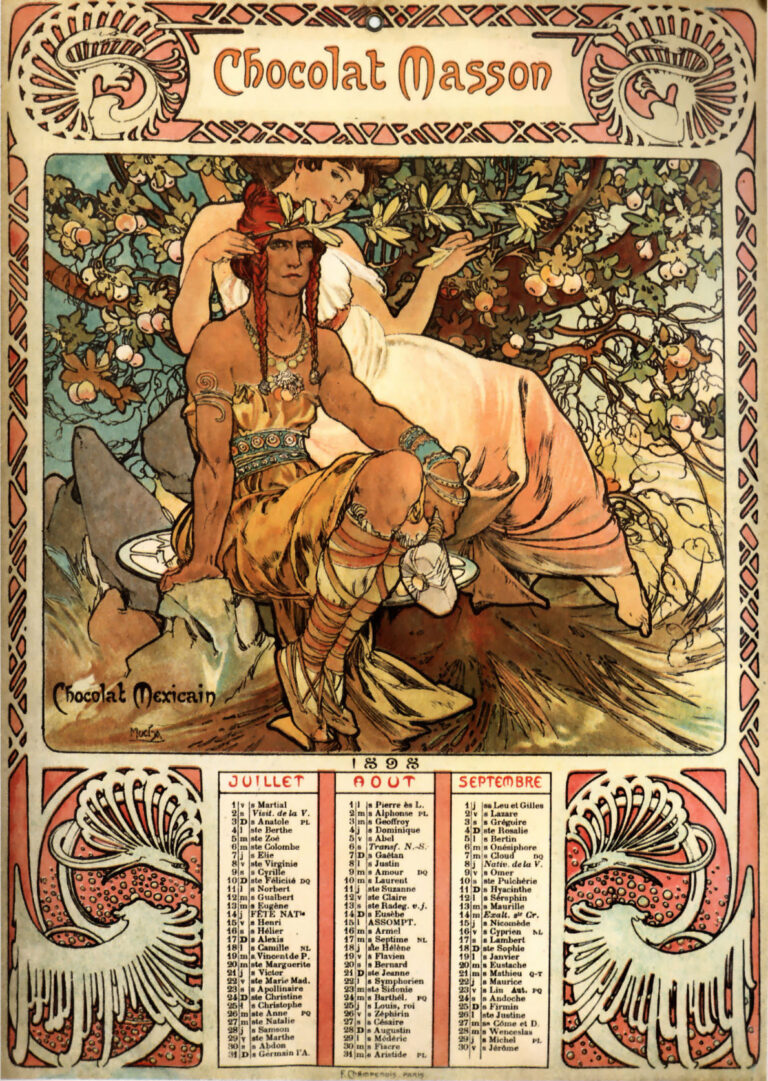 Art Nouveau calendar poster for Chocolat Masson showing a seated Mesoamerican youth adorned with jewelry and feathers beside a reclining European woman beneath a flowering cacao tree. Ornamental borders and the brand name frame the scene, with a calendar of months across the bottom in decorative panels. Lithograph, 1897, by Alphonse Mucha.