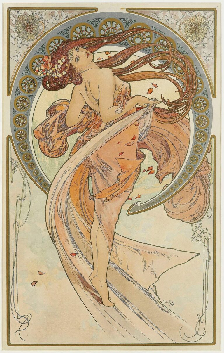 A lithograph by Alphonse Mucha depicting an allegorical female figure in flowing ivory drapery, framed by a circular halo of geometric motifs and decorative chrysanthemums, symbolizing artistic inspiration.