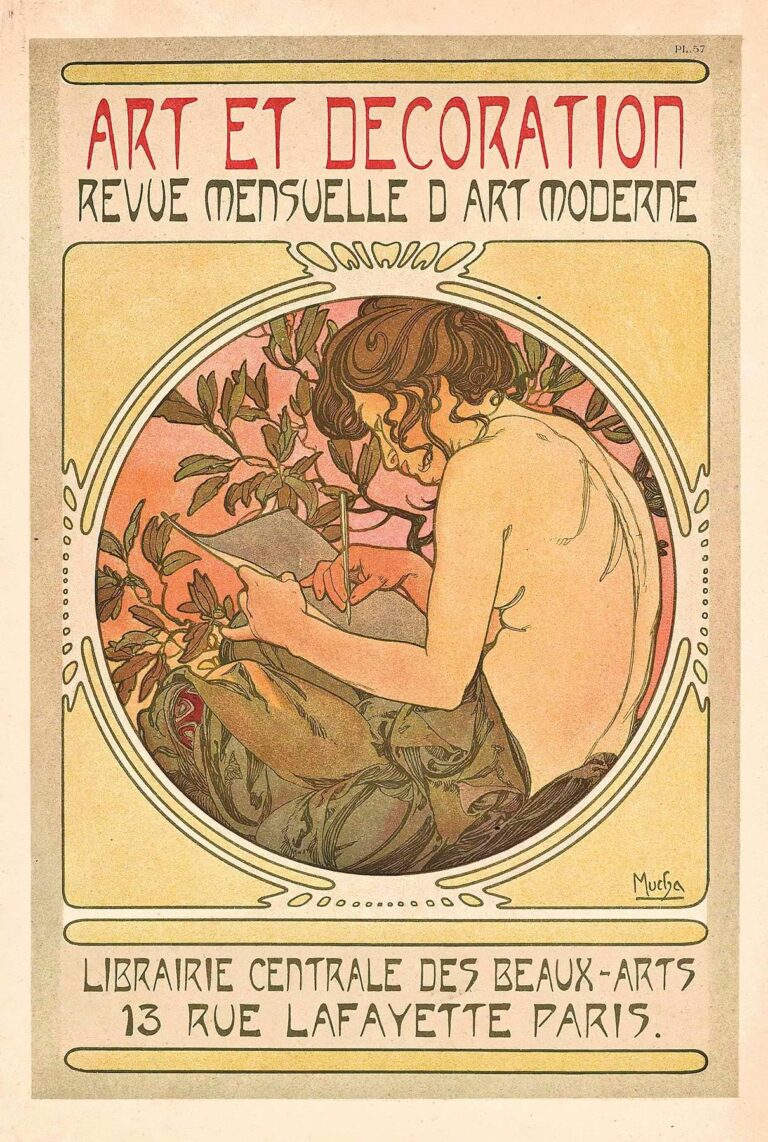 Alphonse Mucha’s “Art et Décoration” poster showing a young woman sketching on a tablet, her bare back draped in soft fabric and encircled by a wreath of budding branches, beneath hand-drawn Art Nouveau lettering.