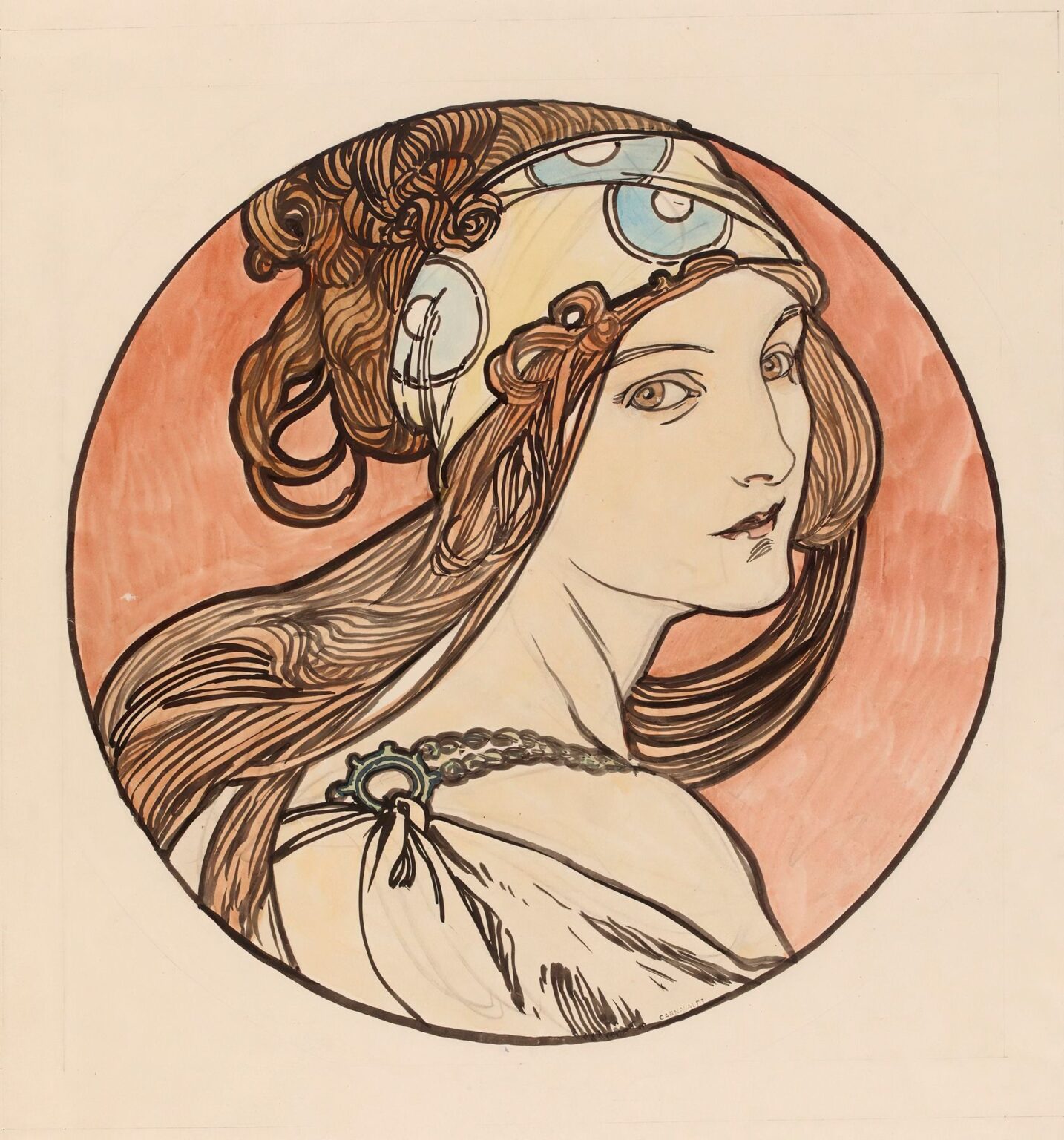 Circular stained-glass window by Alphonse Mucha depicting a graceful female profile with flowing hair and jeweled headdress, surrounded by stylized flowers in warm ambers and soft greens.