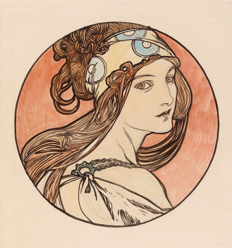 Circular stained-glass window by Alphonse Mucha depicting a graceful female profile with flowing hair and jeweled headdress, surrounded by stylized flowers in warm ambers and soft greens.