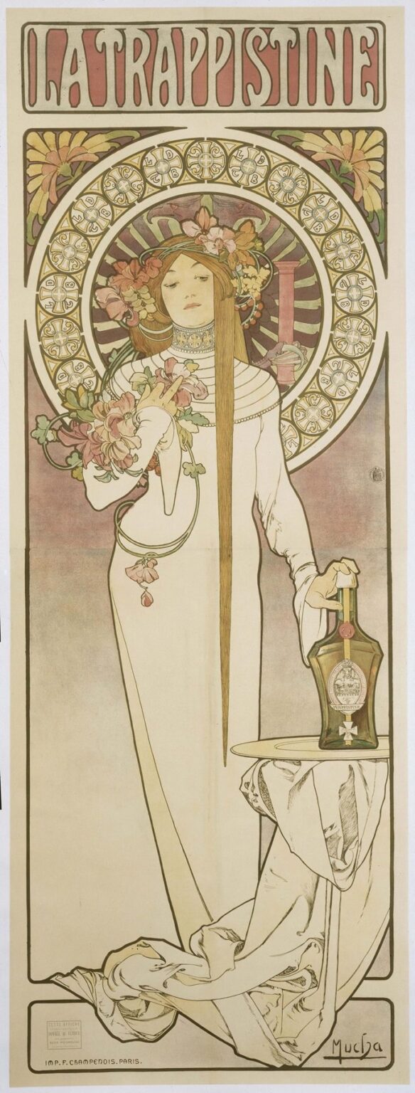 A tall Art Nouveau poster featuring a serene woman in a long white gown standing beside a small table holding a decorative bottle, her hair and floral crown framed by a detailed circular halo of golden medallions, with the title “LA TRAPPISTINE” in stylized letters across the top.