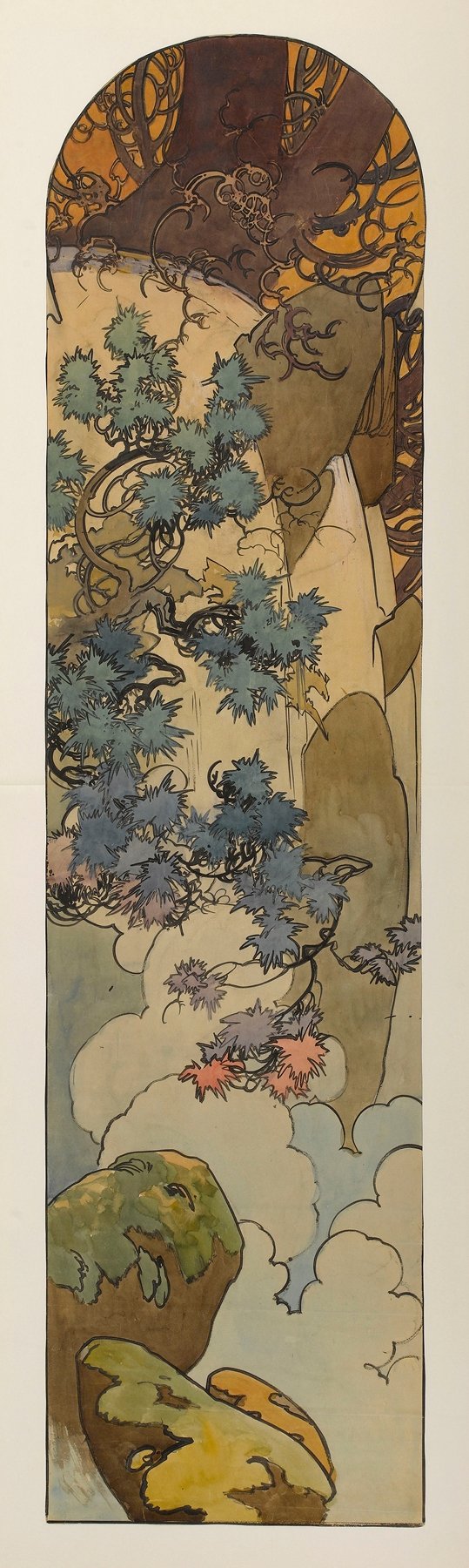 A tall, arched Art Nouveau design by Alphonse Mucha for a stained-glass jewelry box lid, featuring an ornate metal tracery arch at the top, a central circular halo of interlocking medallions, and cascading stylized vines with pastel-toned leaves against a cloud-like background above rocky outcrops.