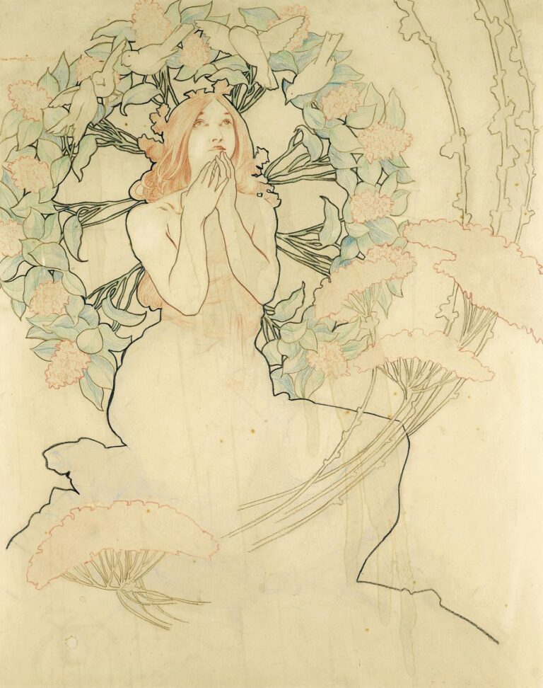 A pencil and pastel drawing of a poised young woman in a flowing dress, sketched in soft grays and rosy hues, seated or standing before a large circle of stylized blossoms and vines, her hands gently clasped near her chest as botanical tendrils cascade around her.