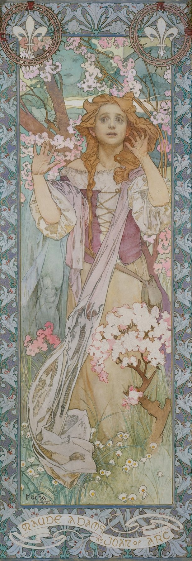 Maude Adams stands full-length as Joan of Arc in Alphonse Mucha’s poster, her hands raised in awe and her red hair braided. A halo of cherry blossoms and sunburst rays frames her head, while ornate borders of lilies and fleur-de-lis encircle the scene. A ribbon banner at the bottom reads “Maude Adams as Joan of Arc.”