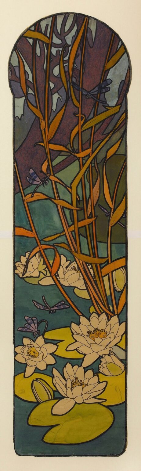 An arched stained-glass design by Alphonse Mucha featuring golden intertwining vines within a circular medallion of decorative crosses, above water lilies and dragonflies on lily pads, all outlined in bold came lines and framed by a narrow metal border.