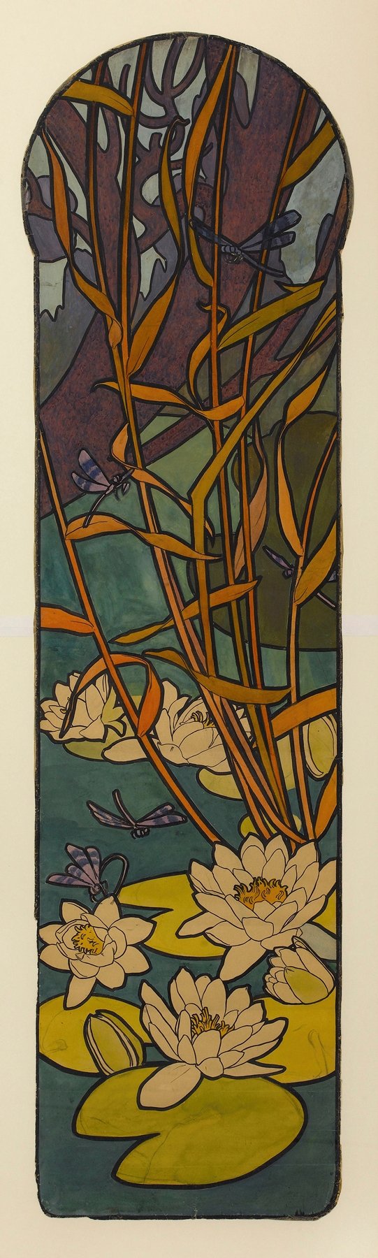 An arched stained-glass design by Alphonse Mucha featuring golden intertwining vines within a circular medallion of decorative crosses, above water lilies and dragonflies on lily pads, all outlined in bold came lines and framed by a narrow metal border.