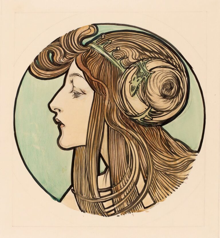 A semi‐circular Art Nouveau stained‐glass window design showing a side-profile portrait of a woman framed in aquamarine, her flowing hair of amber waves entwined with stylized vines, and two circular fleur-de-lis medallions at each top corner.