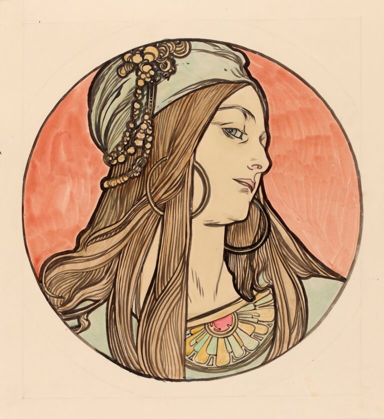 Circular stained-glass window by Alphonse Mucha depicting a graceful female figure with long hair and jeweled headdress, surrounded by stylized flowers in warm ambers and soft greens.
