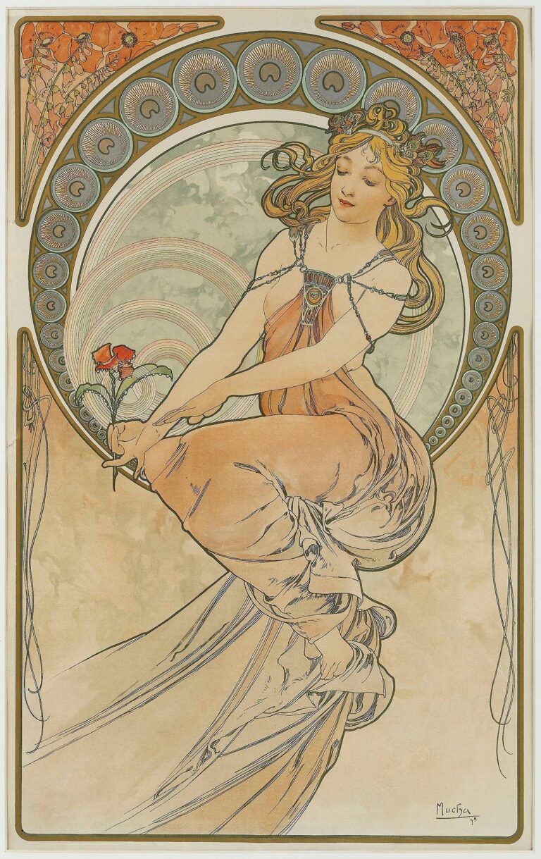 A lithographic panel by Alphonse Mucha depicting an allegorical female dancer in flowing peach drapery, framed by a circular halo of geometric discs and bordered by stylized poppies and bellflowers.