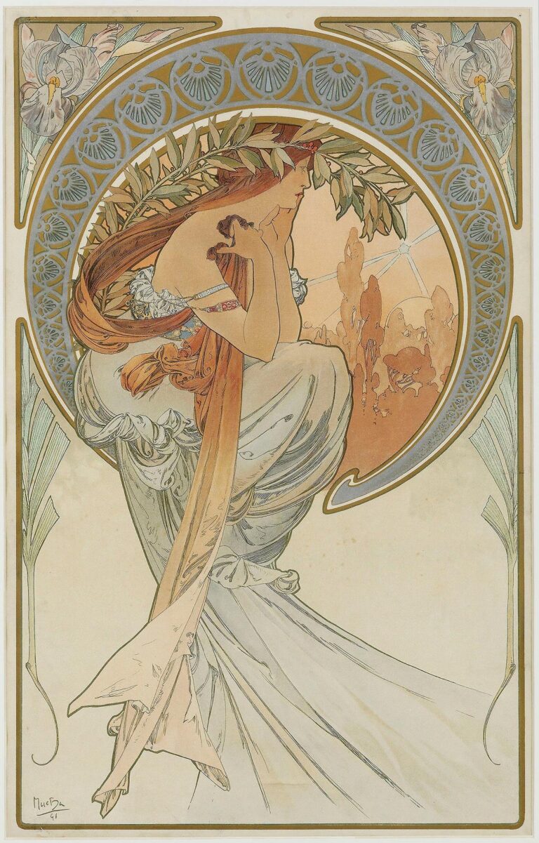Alphonse Mucha’s “The Arts 4” panel depicting a young woman reading on a curved bench, framed by a circular halo of filigree and ivy, symbolizing literary inspiration.