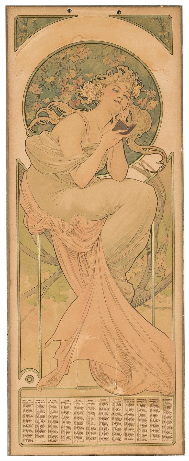 Alphonse Mucha’s 1902 calendar lithograph featuring an allegorical seated woman reading from a book, framed by a circular ivy halo and floral corner motifs, with a twelve-month table below.