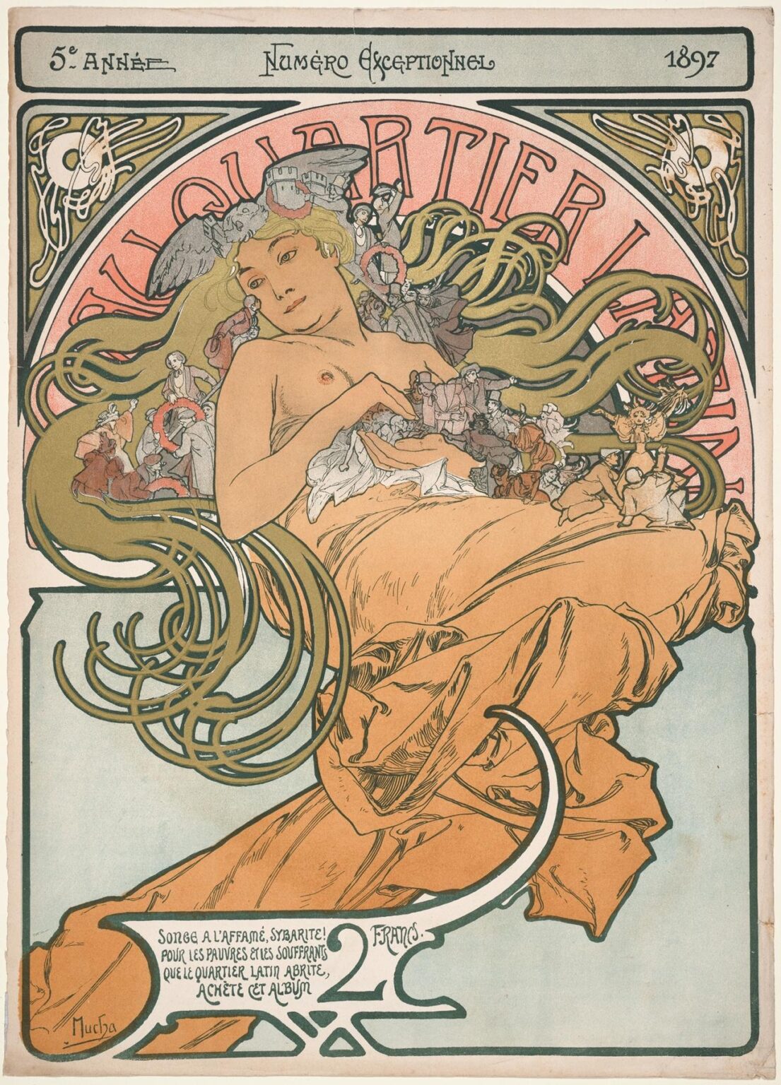 Alphonse Mucha’s 1897 poster “Au Quartier Latin” featuring a reclining allegorical female figure with flowing drapery and hair, framed by a coral halo and populated by miniature Parisian scenes, appealing for charitable support.