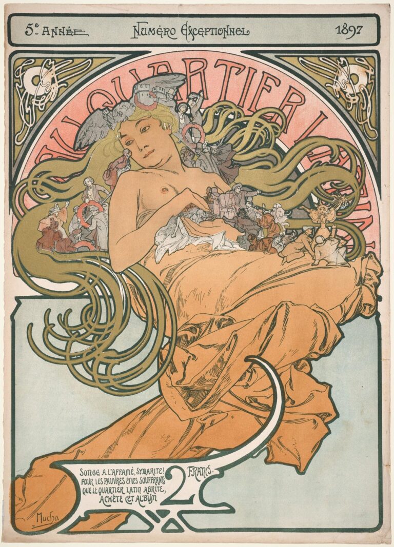 Alphonse Mucha’s 1897 poster “Au Quartier Latin” featuring a reclining allegorical female figure with flowing drapery and hair, framed by a coral halo and populated by miniature Parisian scenes, appealing for charitable support.