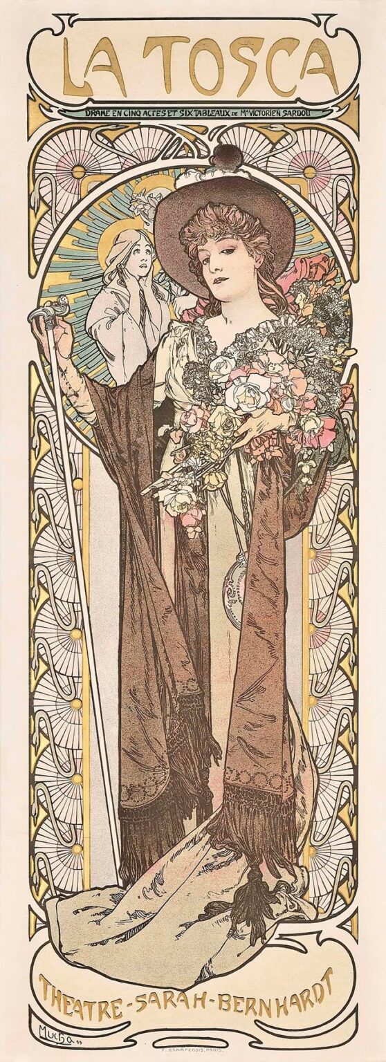 A tall Art Nouveau poster showing a stylized woman standing full-length, wearing a wide-brimmed hat and draped in a long, fringed robe, holding a large bouquet of roses and lilies. Behind her head is a circular halo of golden rays and fan-shaped motifs in soft pink and green. Above, the title “LA TOSCA” appears in elongated, decorative gold letters, and below, “THEATRE SARAH-BERNHARDT” is set in a flowing, hand-lettered banner.