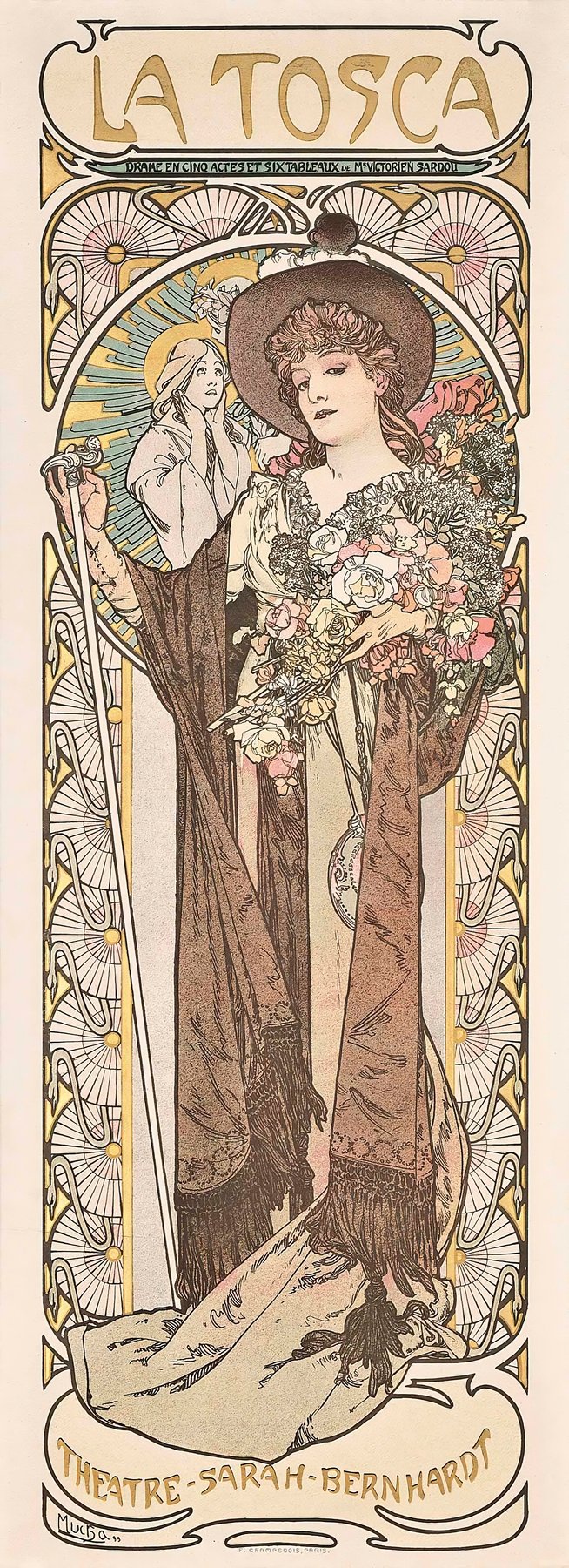 A tall Art Nouveau poster showing a stylized woman standing full-length, wearing a wide-brimmed hat and draped in a long, fringed robe, holding a large bouquet of roses and lilies. Behind her head is a circular halo of golden rays and fan-shaped motifs in soft pink and green. Above, the title “LA TOSCA” appears in elongated, decorative gold letters, and below, “THEATRE SARAH-BERNHARDT” is set in a flowing, hand-lettered banner.