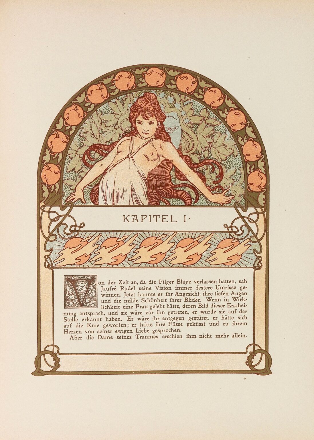 Art Nouveau painting by Alphonse Mucha depicting a princess in a white robe and floral wreath, framed by a decorative pomegranate arch and stylized vines, her gaze serene and contemplative.