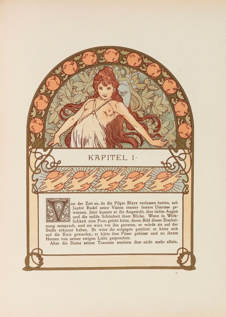 Art Nouveau painting by Alphonse Mucha depicting a princess in a white robe and floral wreath, framed by a decorative pomegranate arch and stylized vines, her gaze serene and contemplative.