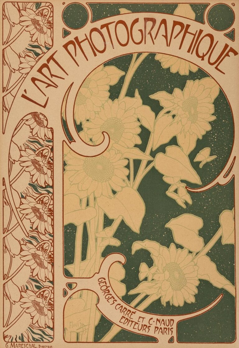 Art Nouveau magazine cover by Alphonse Mucha featuring stylized daisies framed by a sinuous arch, star-speckled green background, and elegant curved lettering reading “L’Art Photographique.”