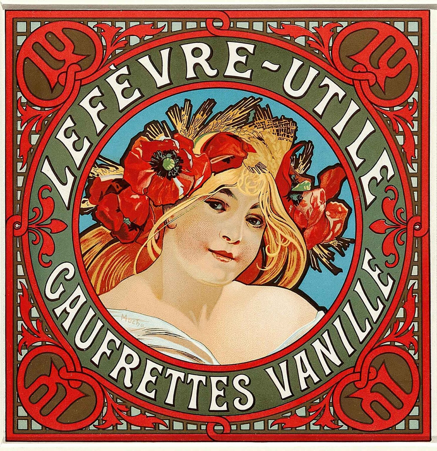 Art Nouveau poster by Alphonse Mucha featuring a young woman crowned with red poppies and wheat, framed by a green and red circular border, advertising Lefèvre-Utile vanilla wafers.