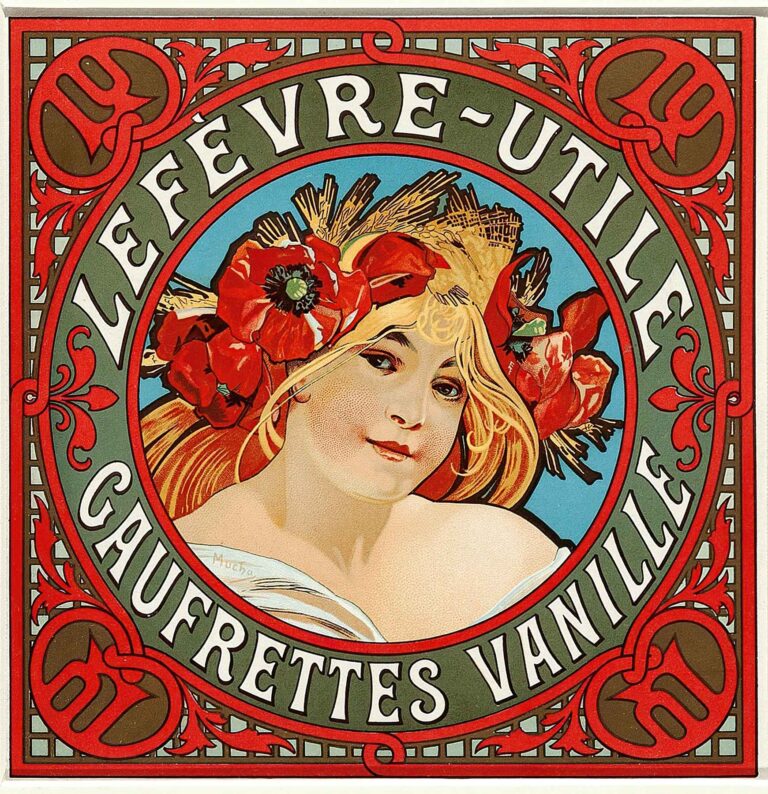 Art Nouveau poster by Alphonse Mucha featuring a young woman crowned with red poppies and wheat, framed by a green and red circular border, advertising Lefèvre-Utile vanilla wafers.