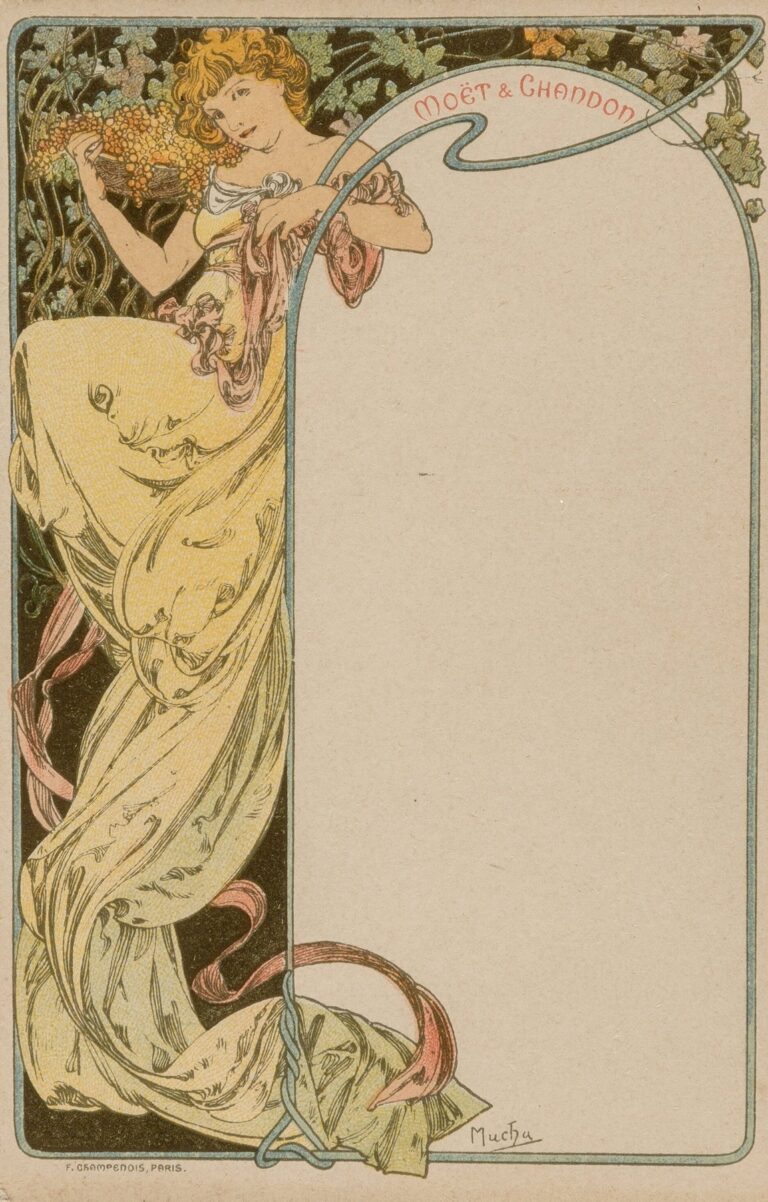 Art Nouveau menu card by Alphonse Mucha showing a woman holding grapes among swirling vines, framed by a flowing blue ribbon border and blank text field.