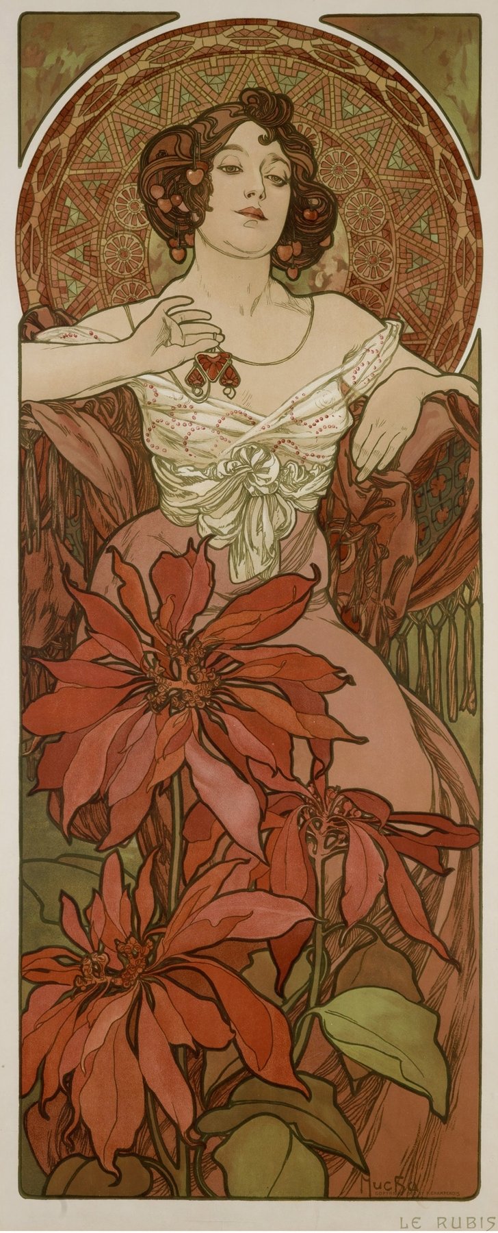 Art Nouveau panel by Alphonse Mucha depicting an elegant woman crowned with ruby-red flowers and wheat, set against a geometric mosaic halo, with large red blossoms in the foreground.