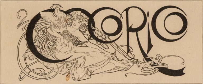 Black-and-white Art Nouveau masthead by Alphonse Mucha for Cocorico magazine, featuring flowing custom letters, a reclining female allegory, and a rooster perched atop the initial “C.”