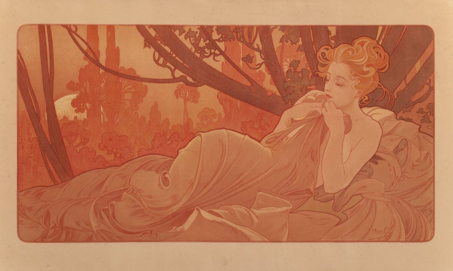 Art Nouveau lithograph by Alphonse Mucha depicting a reclining woman draped in flowing robes against a rosy dawn sky and stylized trees, embodying the personification of morning.