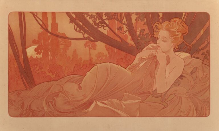 Art Nouveau lithograph by Alphonse Mucha depicting a reclining woman draped in flowing robes against a rosy dawn sky and stylized trees, embodying the personification of morning.