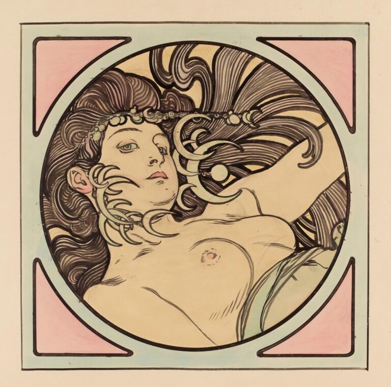 Circular stained-glass window by Alphonse Mucha featuring a graceful female profile with flowing hair and a jeweled headdress framed by stylized flowers in warm ambers and soft greens.