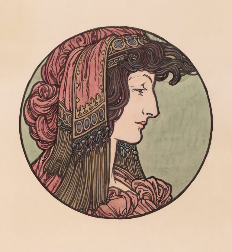 Circular stained-glass window by Alphonse Mucha featuring a serene, haloed female profile with flowing hair and jeweled headdress, encompassed by stylized lilies, irises, and poppies in warm ambers, rose pinks, and soft greens.
