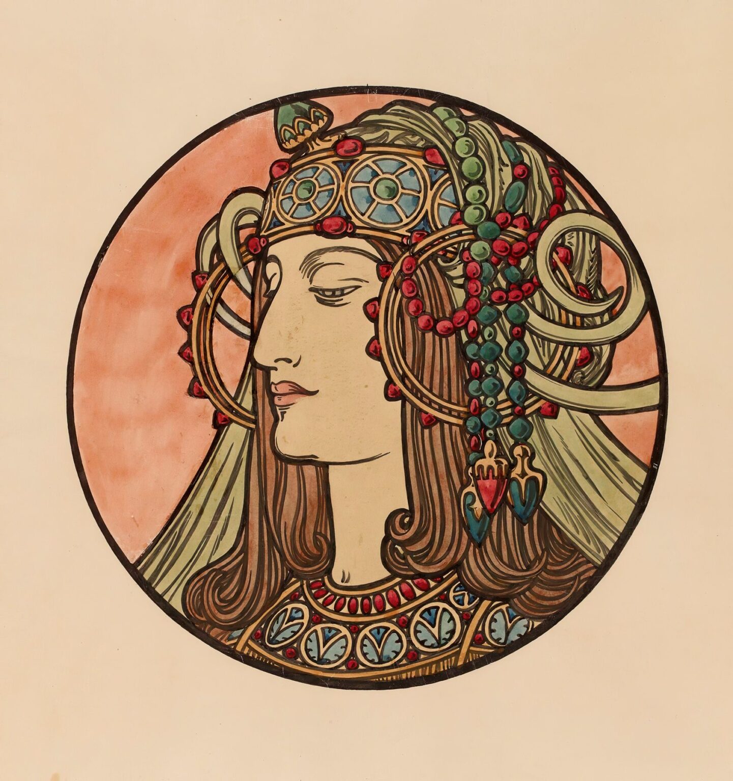 Circular stained-glass window by Alphonse Mucha depicting a serene female profile with flowing hair, ornate jeweled headdress, and stylized flowers in warm ambers, rose pinks, and soft greens.