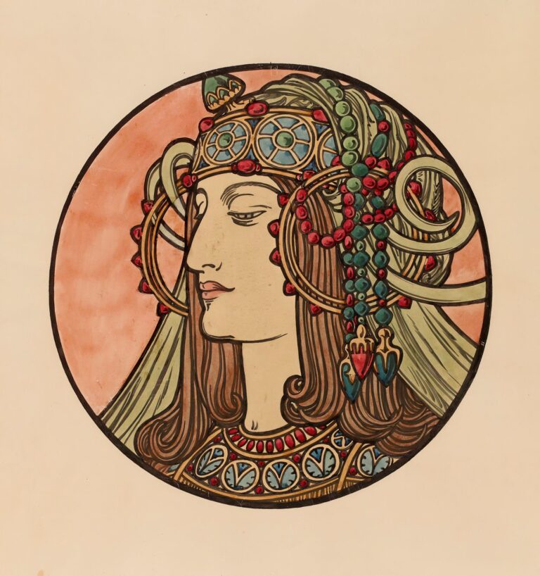 Circular stained-glass window by Alphonse Mucha depicting a serene female profile with flowing hair, ornate jeweled headdress, and stylized flowers in warm ambers, rose pinks, and soft greens.